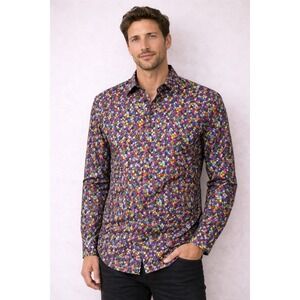 BERTIGO Men's Large Stained Glass Long Sleeve Shirt Artsy Abstract -2411